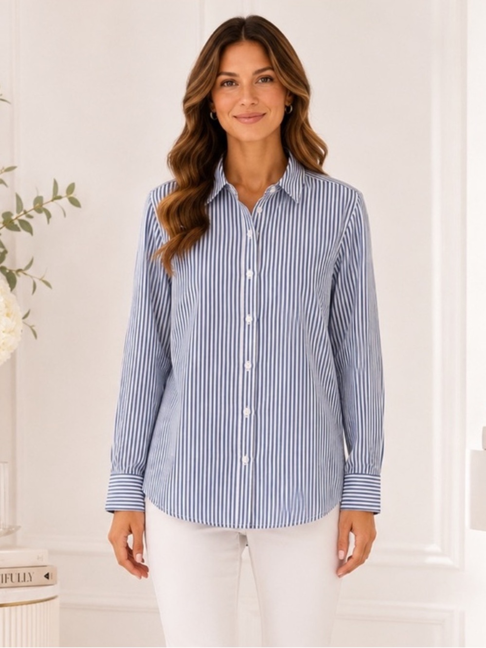 ON 34th Blue White Striped Button Front Tunic Shirt NWT S Classic Preppy